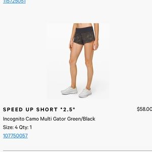 Lulu Lemon Speed Up Short 2.5 Incognito Camo
